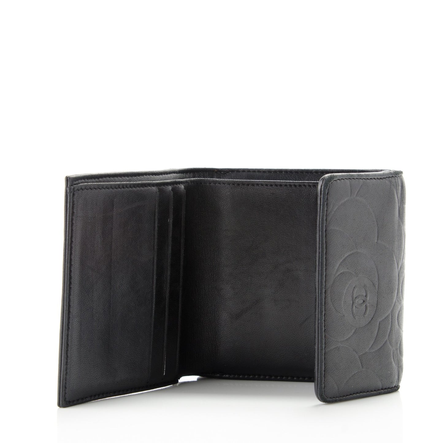 Lambskin Embossed Camellia French Wallet Black