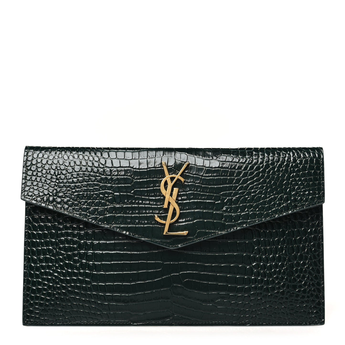 Calfskin Crocodile Embossed Uptown Monogram Clutch Dark Green