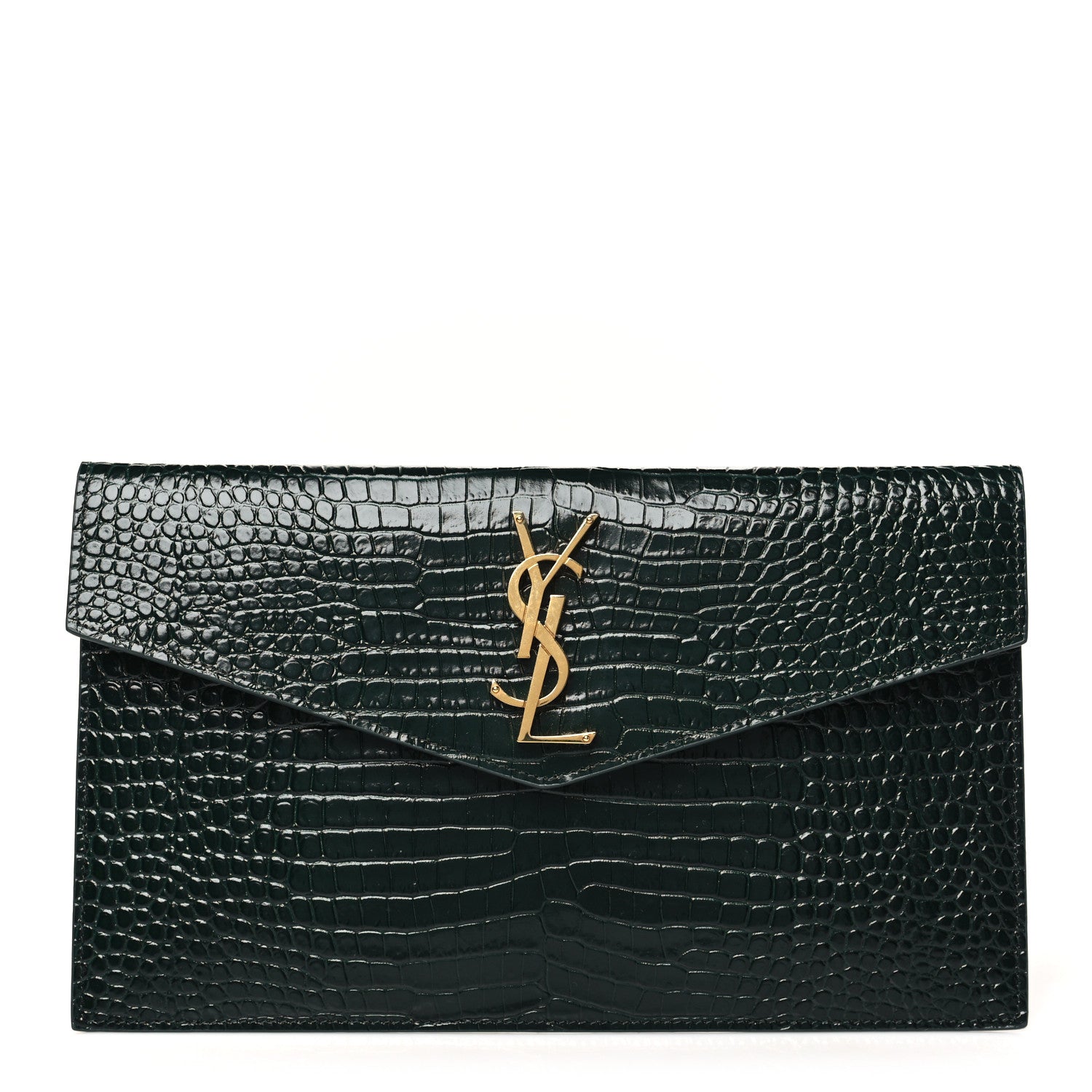 Saint Laurent Calfskin Crocodile Embossed Uptown Monogram Clutch Dark Green 1 of 9
