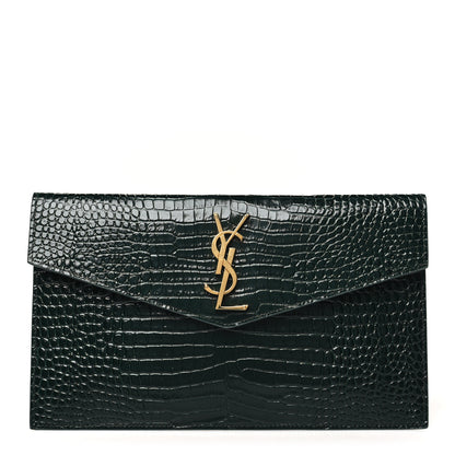 Saint Laurent Calfskin Crocodile Embossed Uptown Monogram Clutch Dark Green 1 of 9