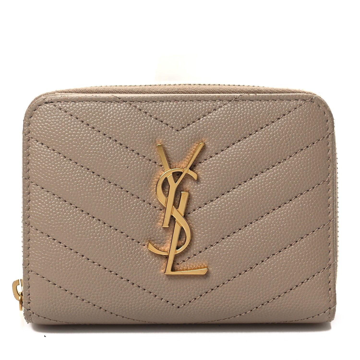 Saint Laurent Grain De Poudre Matelasse Chevron Monogram Compact Zip Around Wallet Dark Beige 1 of 7