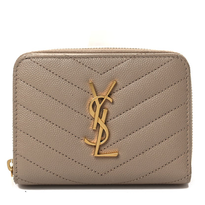Saint Laurent Grain De Poudre Matelasse Chevron Monogram Compact Zip Around Wallet Dark Beige 1 of 7