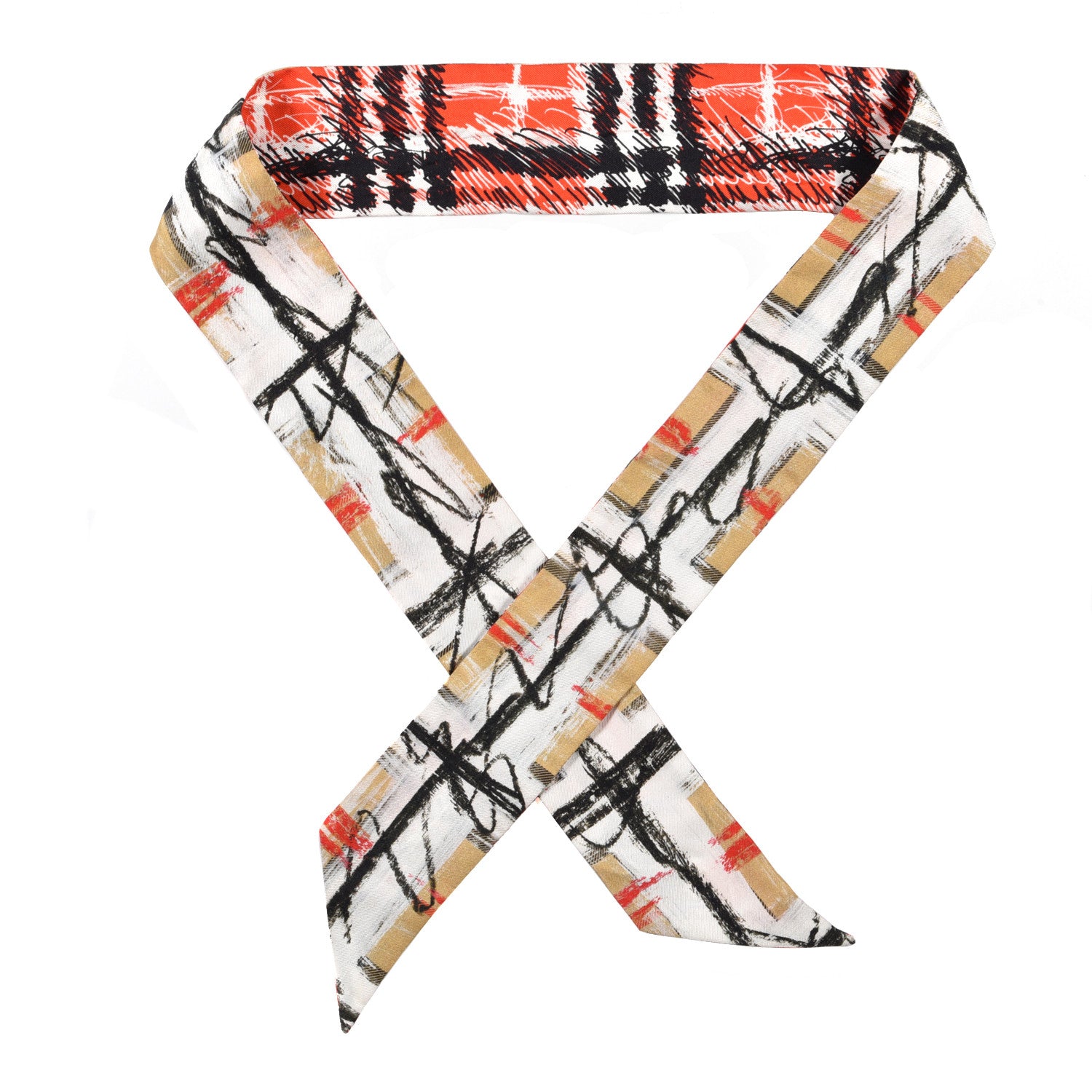 Burberry Silk Disruptive Check Scribble Print Skinny Scarf Bright Red 1 of 3