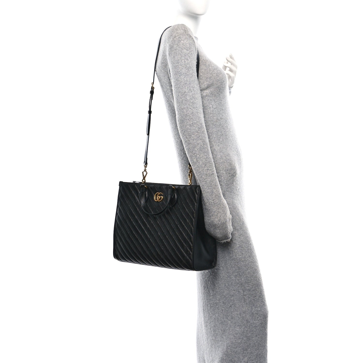 Gucci Azalea Calfskin Matelasse Diagonal GG Marmont Tote Bag Black 3 of 10