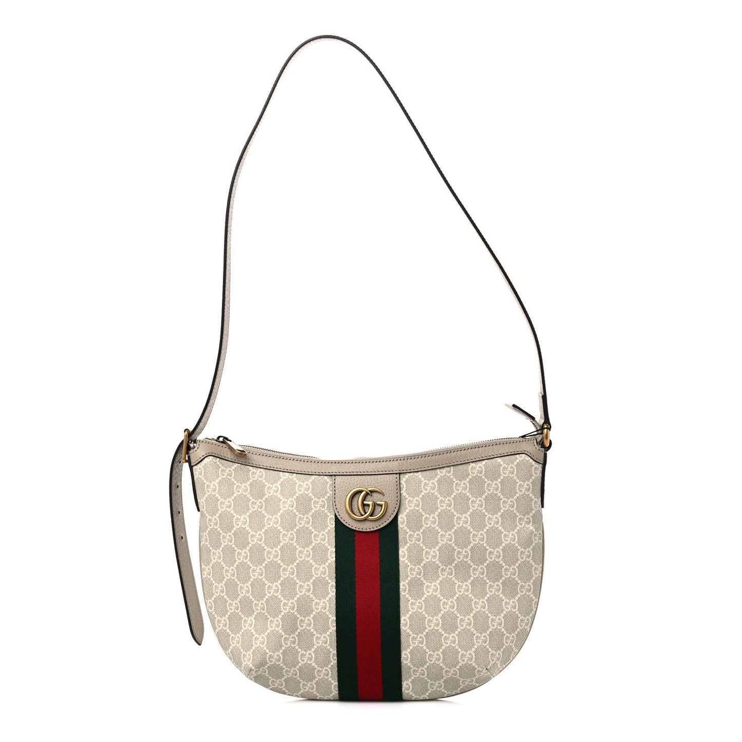 GG Supreme Monogram Textured Dollar Calfskin Web Small Ophidia Half Moon Hobo Beige Mystic White Oatmeal