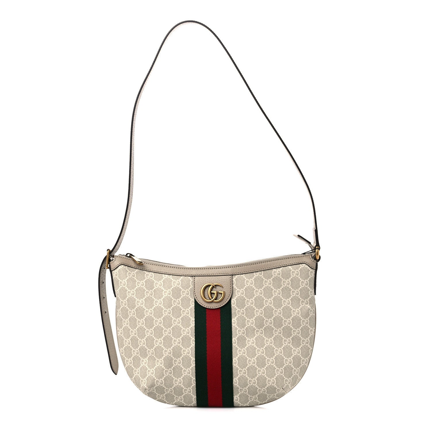 Gucci GG Supreme Monogram Textured Dollar Calfskin Web Small Ophidia Half Moon Hobo Beige Mystic White Oatmeal 1 of 9