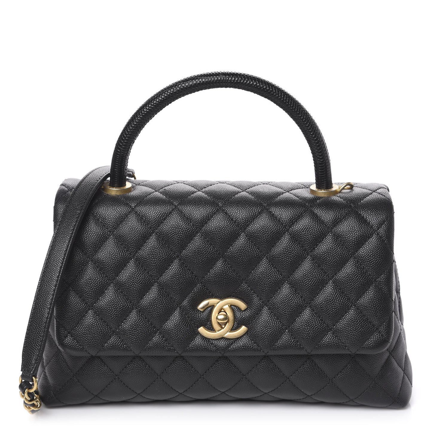 Caviar Lizard Embossed Quilted Small Coco Handle Flap Black