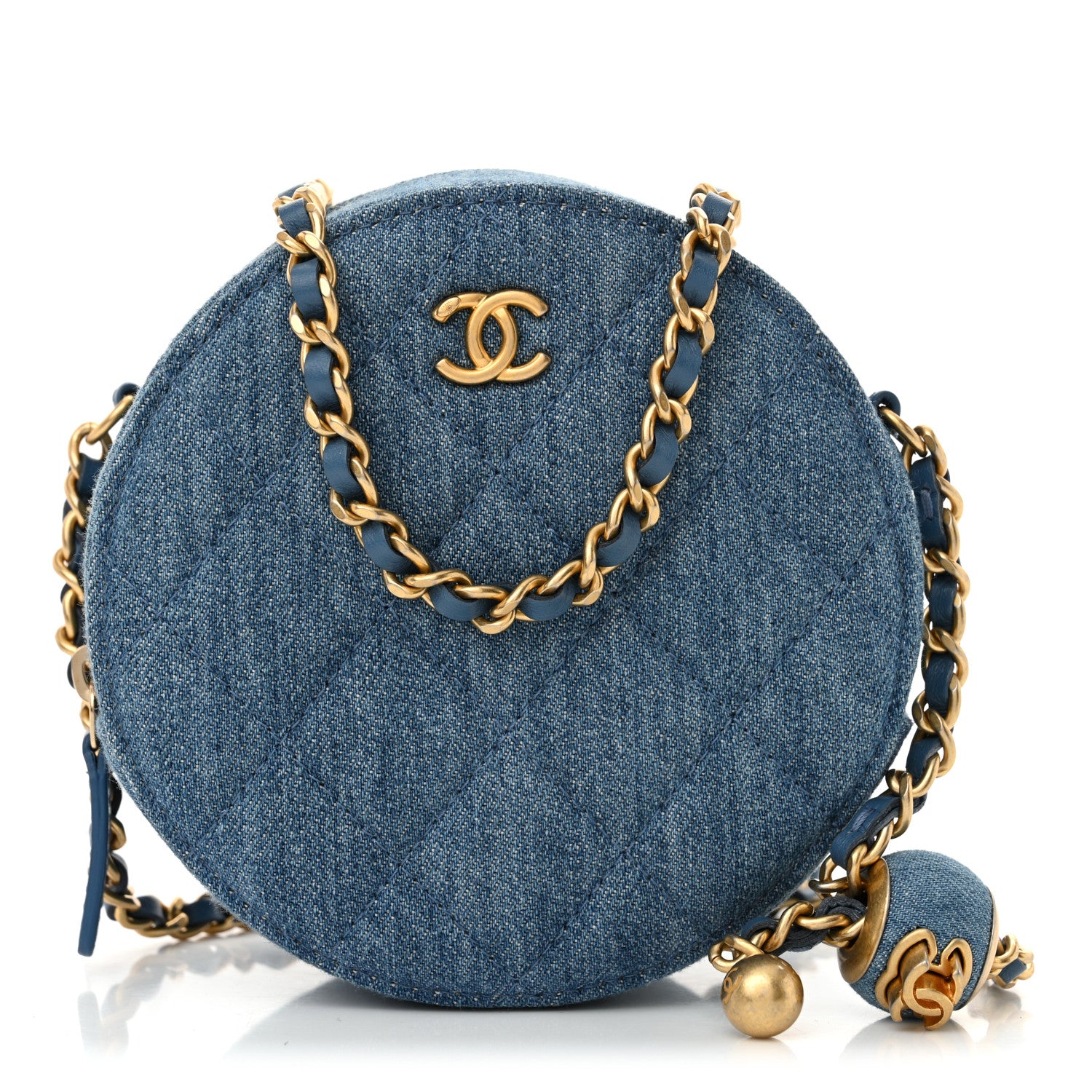 Chanel Denim Quilted Round Pearl Crush Clutch With Chain Blue 1 of 11