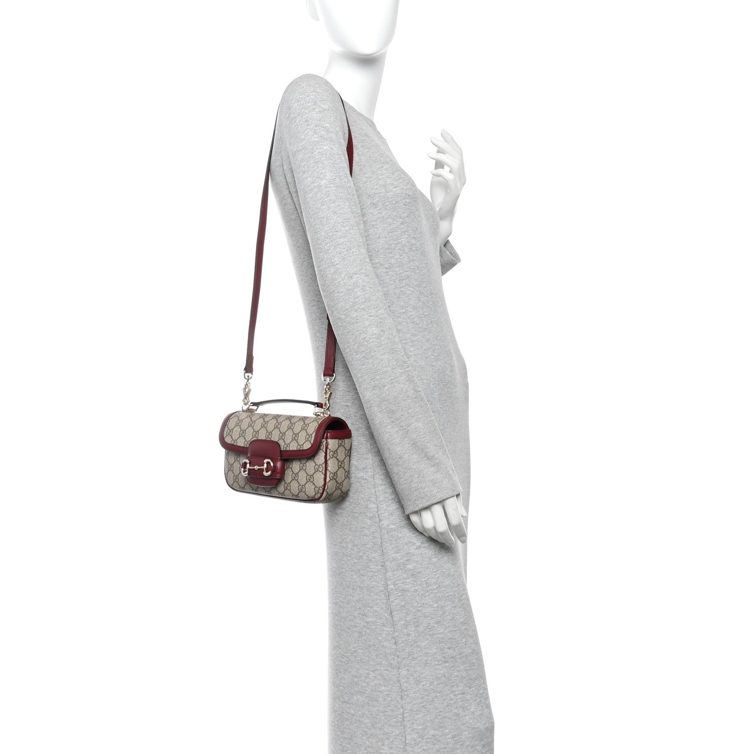 Gucci GG Supreme Monogram Horsebit 1955 Small Soft Top Handle Shoulder Bag Beige Dark Red 2 of 10