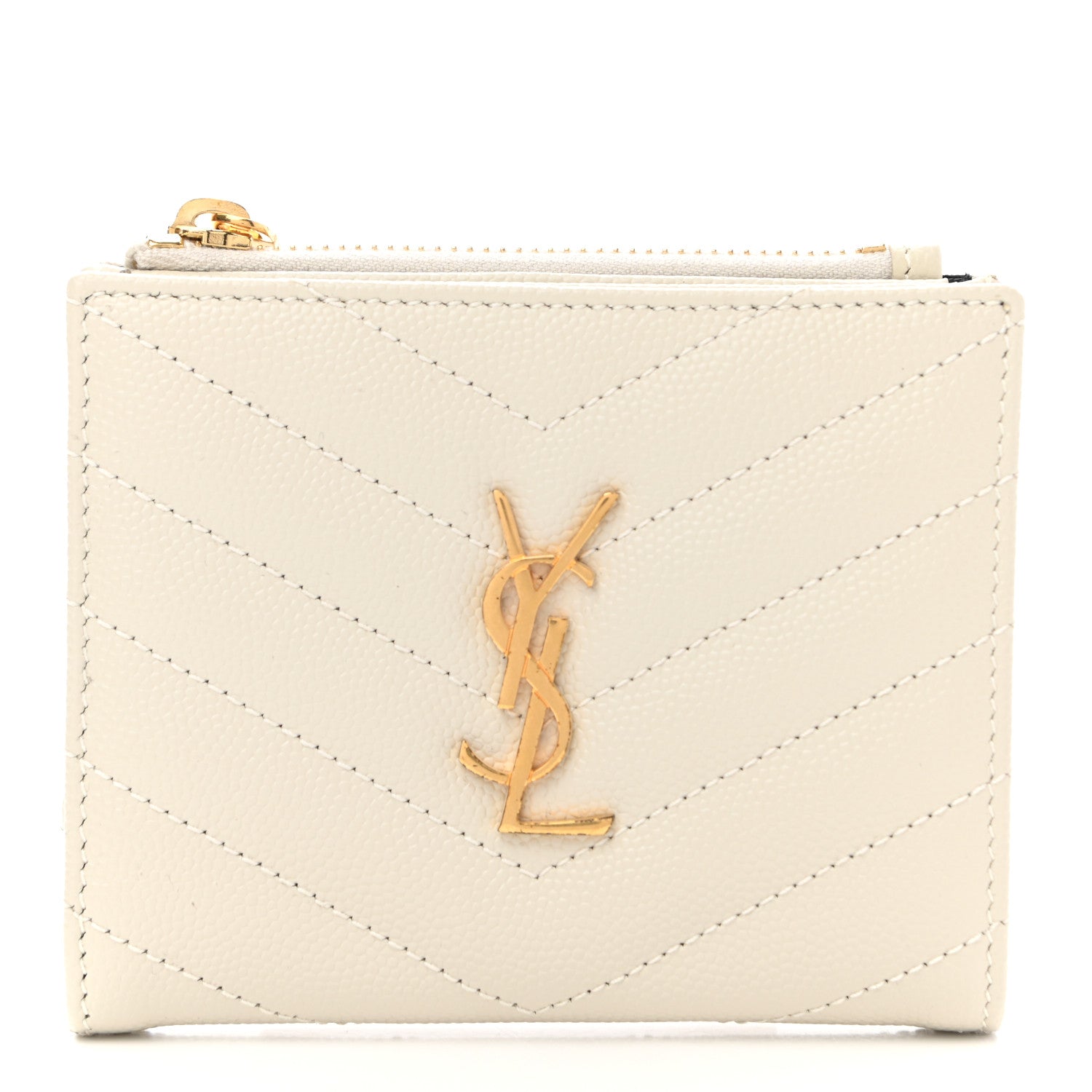 Saint Laurent Grain De Poudre Matelasse Chevron Monogram Zipped Card Case Crema Soft 1 of 7