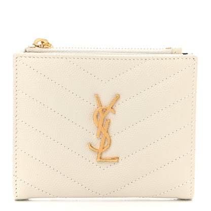 Saint Laurent Grain De Poudre Matelasse Chevron Monogram Zipped Card Case Crema Soft 1 of 7