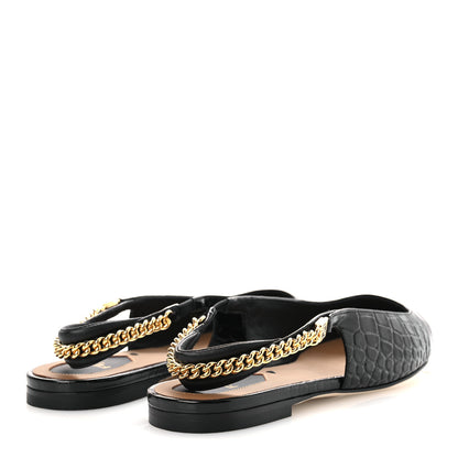 Fendi Vitello Stampa Crocodile Embossed Slingback Flats 37 Black 5 of 11