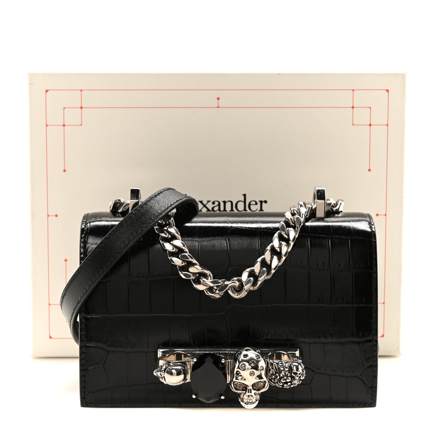 Calfskin Shiny Crocodile Embossed Jeweled Satchel Black