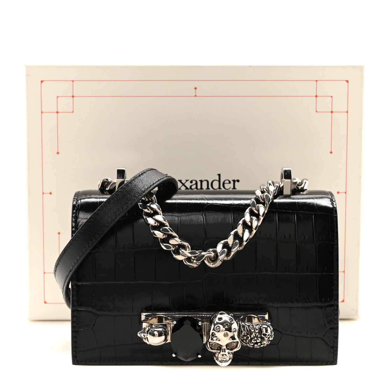 Alexander McQueen Calfskin Shiny Crocodile Embossed Jeweled Satchel Black 10 of 10