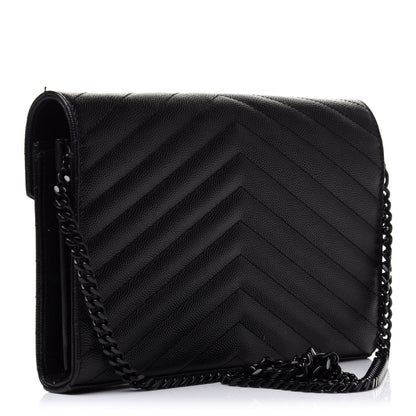 Saint Laurent Grain De Poudre Matelasse Chevron Monogram Chain Wallet Black 3 of 13