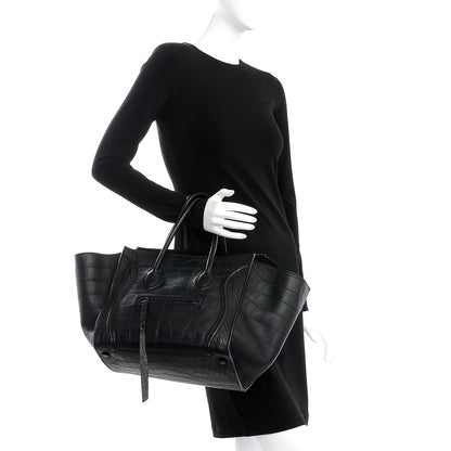 Celine Crocodile Embossed Calfskin Medium Phantom Luggage Black 2 of 7