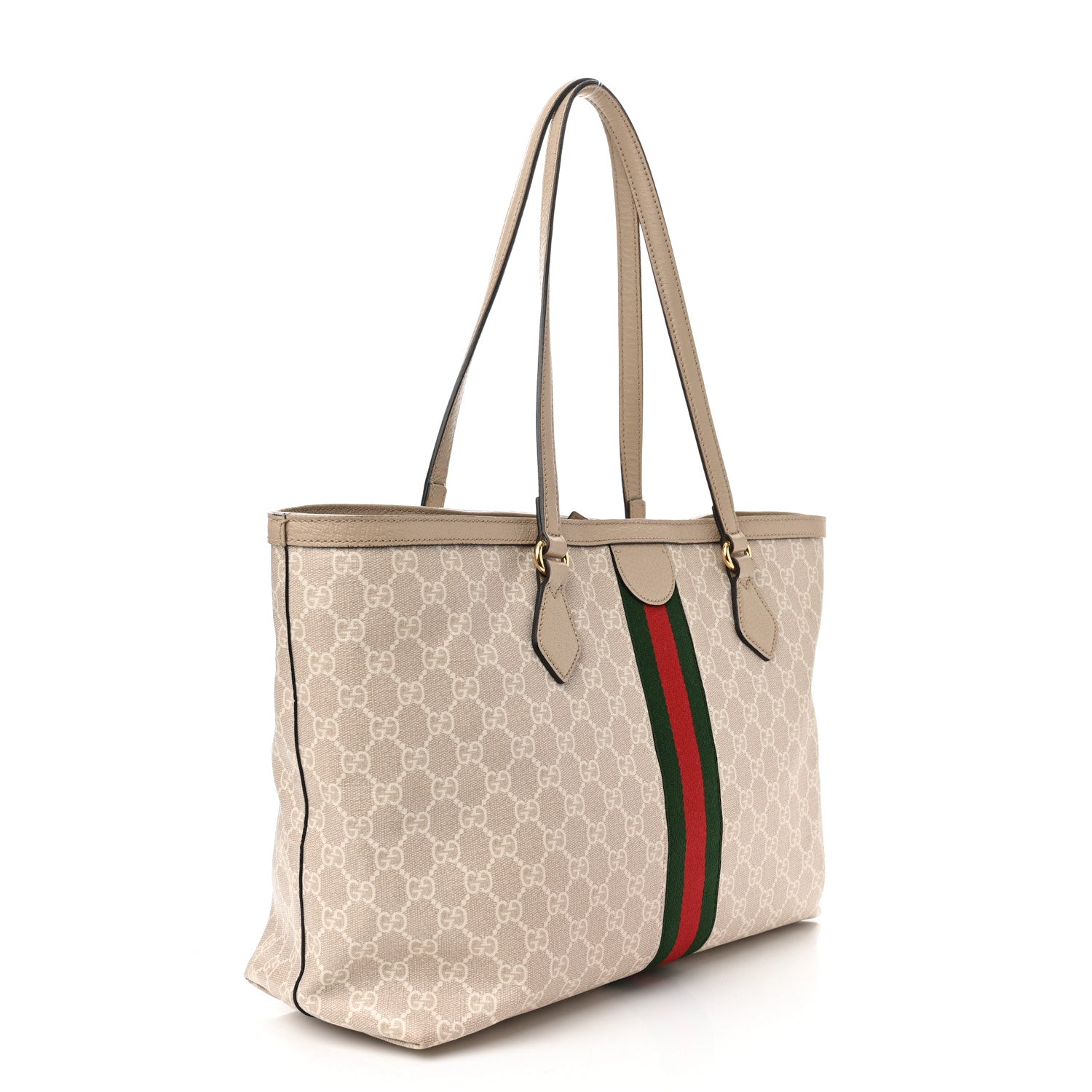 Gucci GG Supreme Monogram Textured Dollar Calfskin Web Medium Ophidia Shopping Tote Beige Mystic White Oatmeal 3 of 14