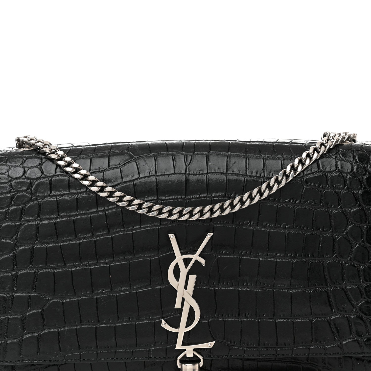 Saint Laurent Calfskin Crocodile Embossed Small Classic Monogram Kate Tassel Satchel Black 7 of 17