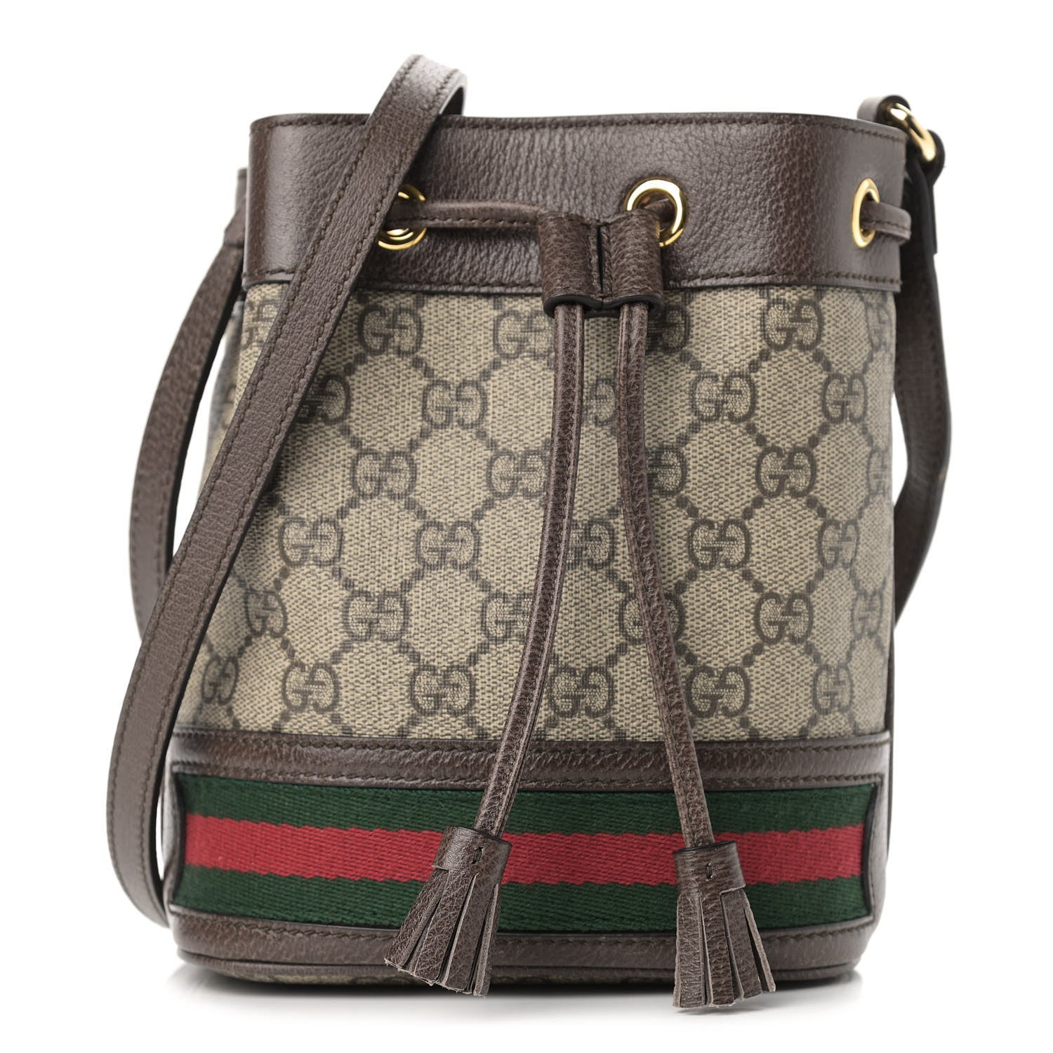 Gucci GG Supreme Monogram Web Mini Ophidia Bucket Bag Brown 1 of 11