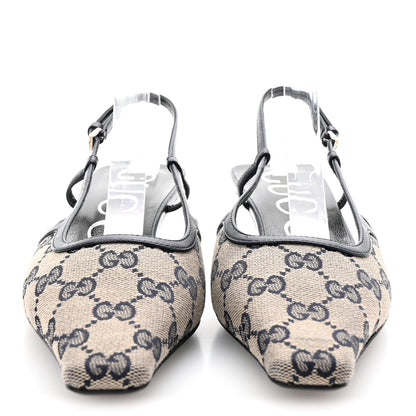 Gucci GG Monogram Malaga Kid Square G 35mm Slingback Pumps 36 Beige Blue 3 of 8