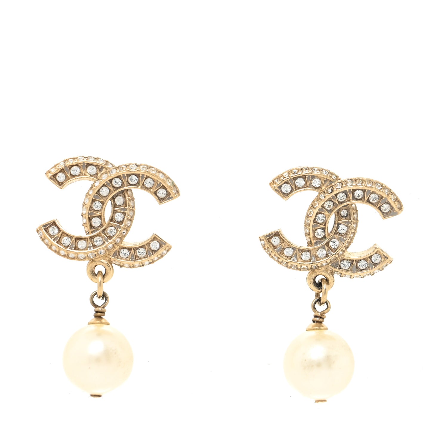 Crystal Pearl CC Drop Earrings Gold