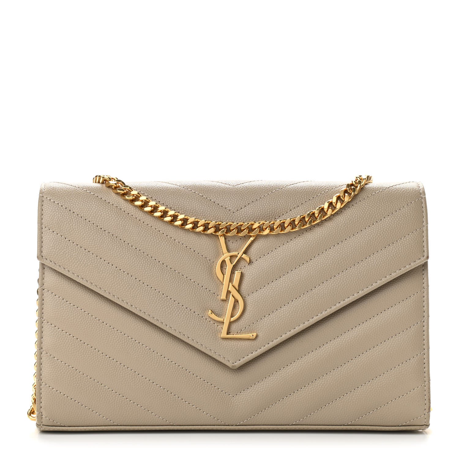 Saint Laurent Grain De Poudre Matelasse Chevron Monogram Chain Wallet Sea Salt 1 of 10