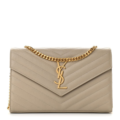 Saint Laurent Grain De Poudre Matelasse Chevron Monogram Chain Wallet Sea Salt 1 of 10