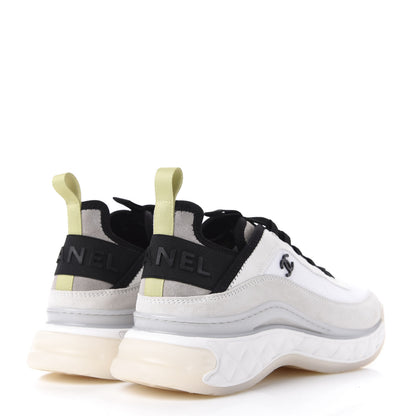 Chanel Nylon Calfskin Suede CC Sneakers 38.5 White Grey Yellow 4 of 10