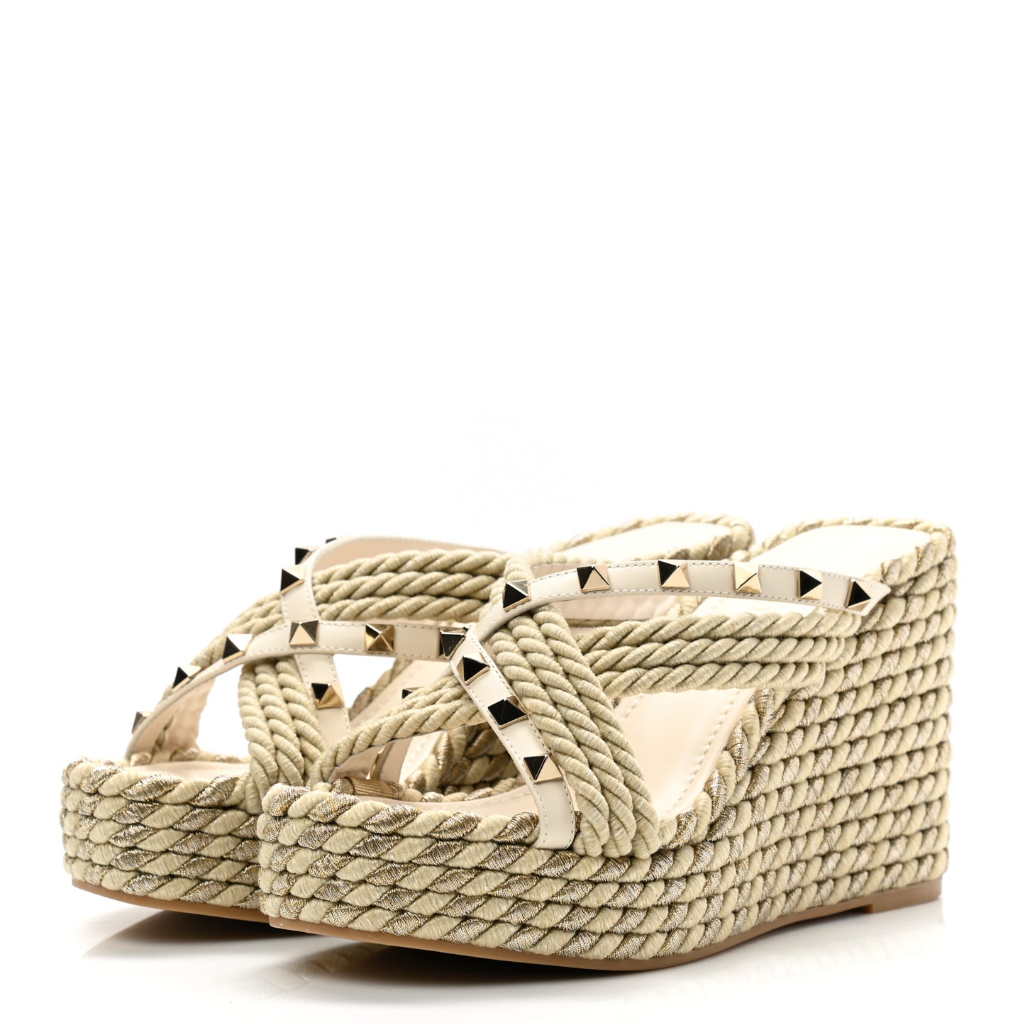 Calfskin Silk Rockstud Torchon Espadrille Wedge 25/95mm Slide Sandals 36 Light Ivory