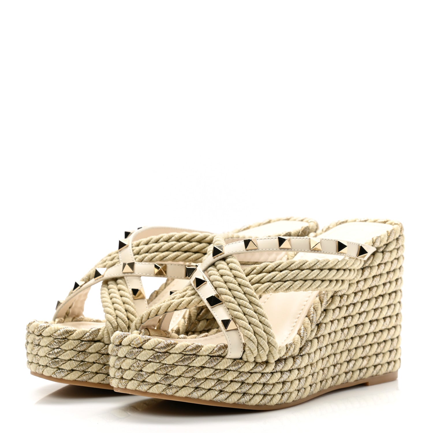 Valentino Garavani Calfskin Silk Rockstud Torchon Espadrille Wedge 25/95mm Slide Sandals 36 Light Ivory 3 of 9