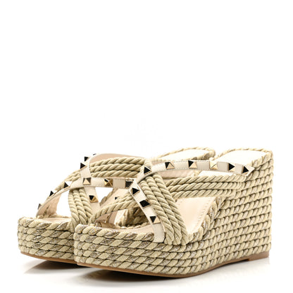 Valentino Garavani Calfskin Silk Rockstud Torchon Espadrille Wedge 25/95mm Slide Sandals 36 Light Ivory 3 of 9