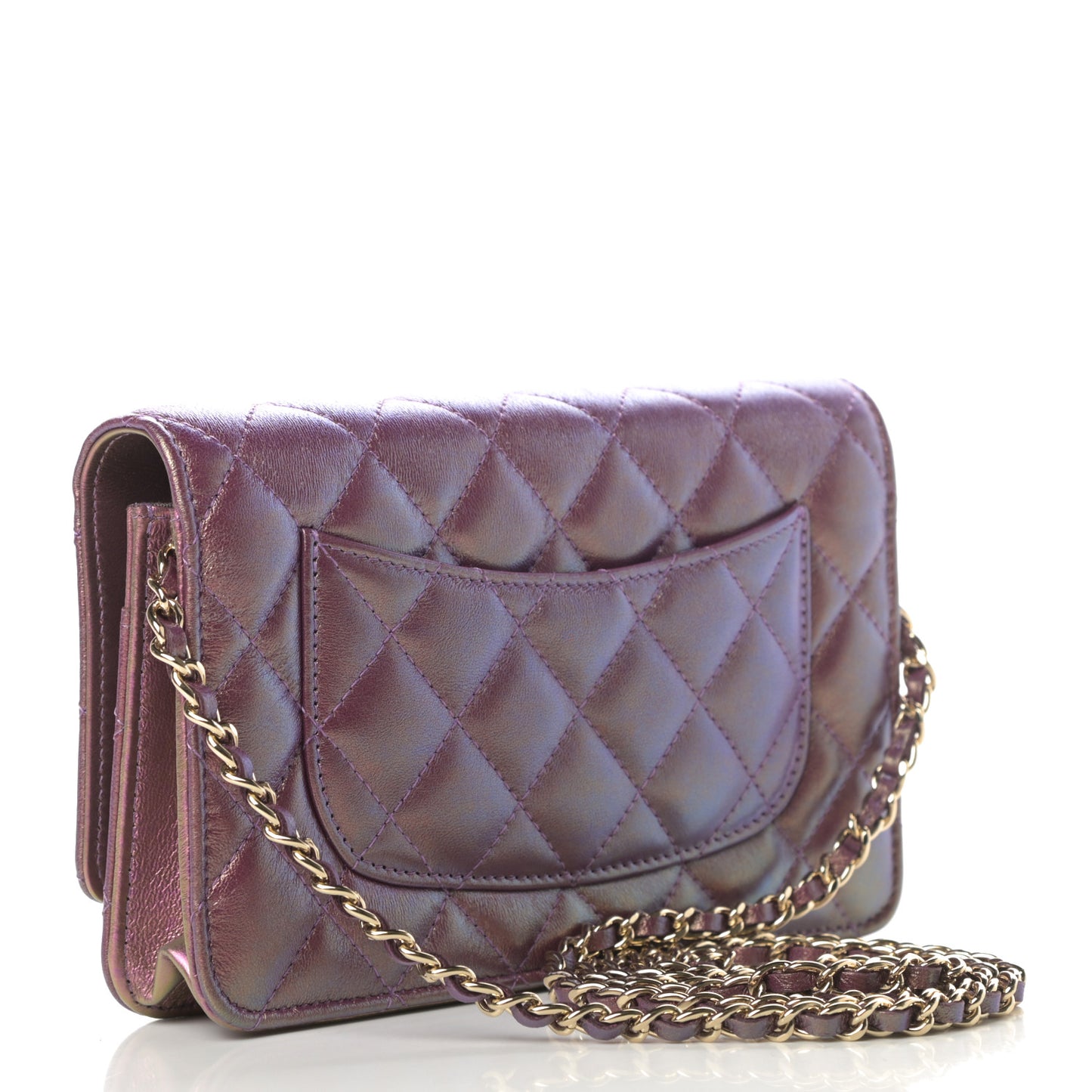 Iridescent Lambskin Quilted Wallet On Chain WOC Purple