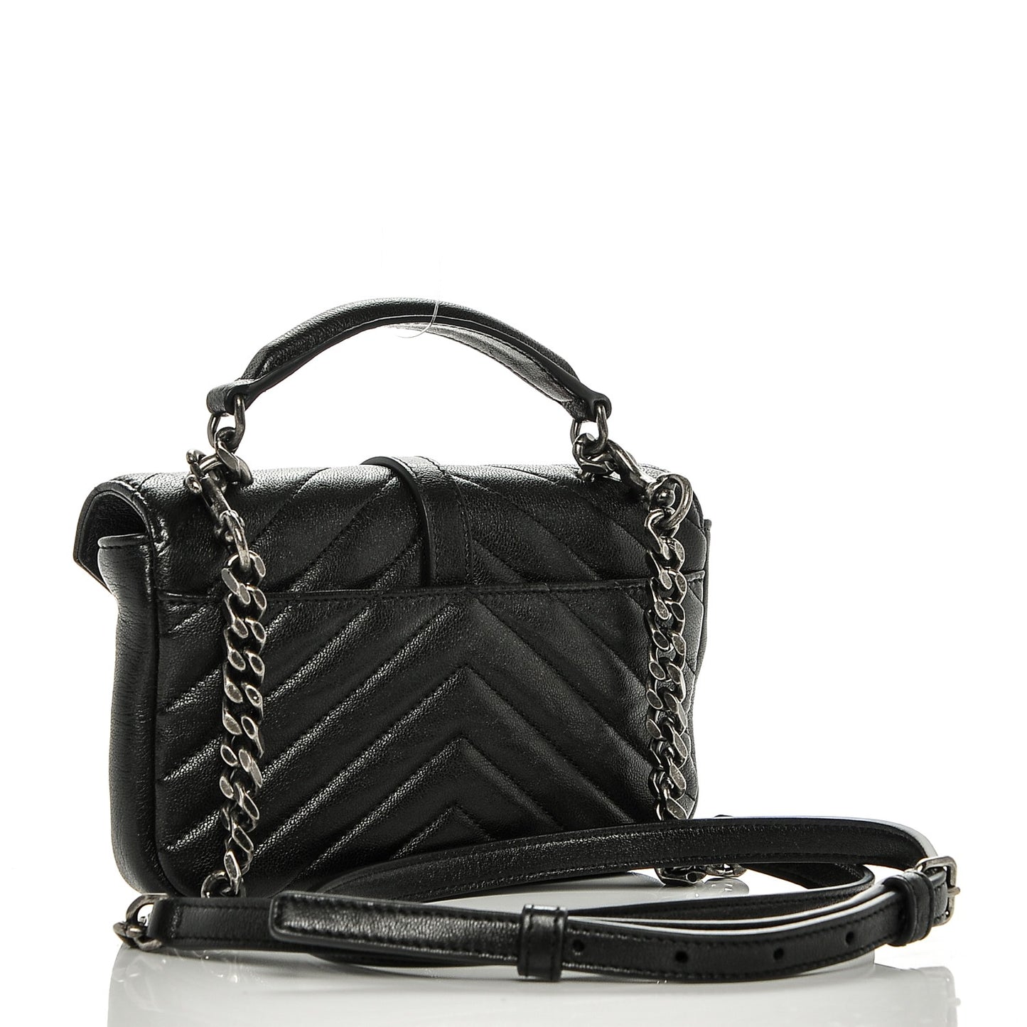 Calfskin Matelasse Chevron Heart Patchwork Monogram College Chain Wallet Black