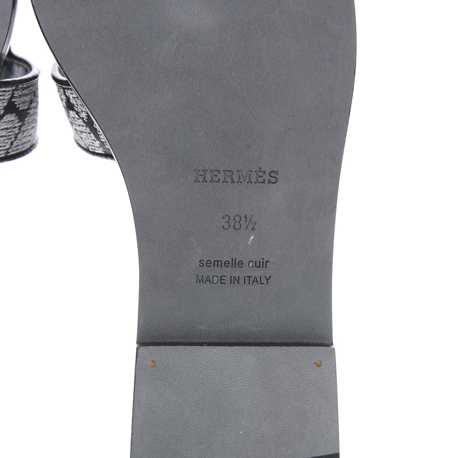 Hermes Calfskin Embroidered Oran Sandals 38.5 Black Gris Argente 7 of 8