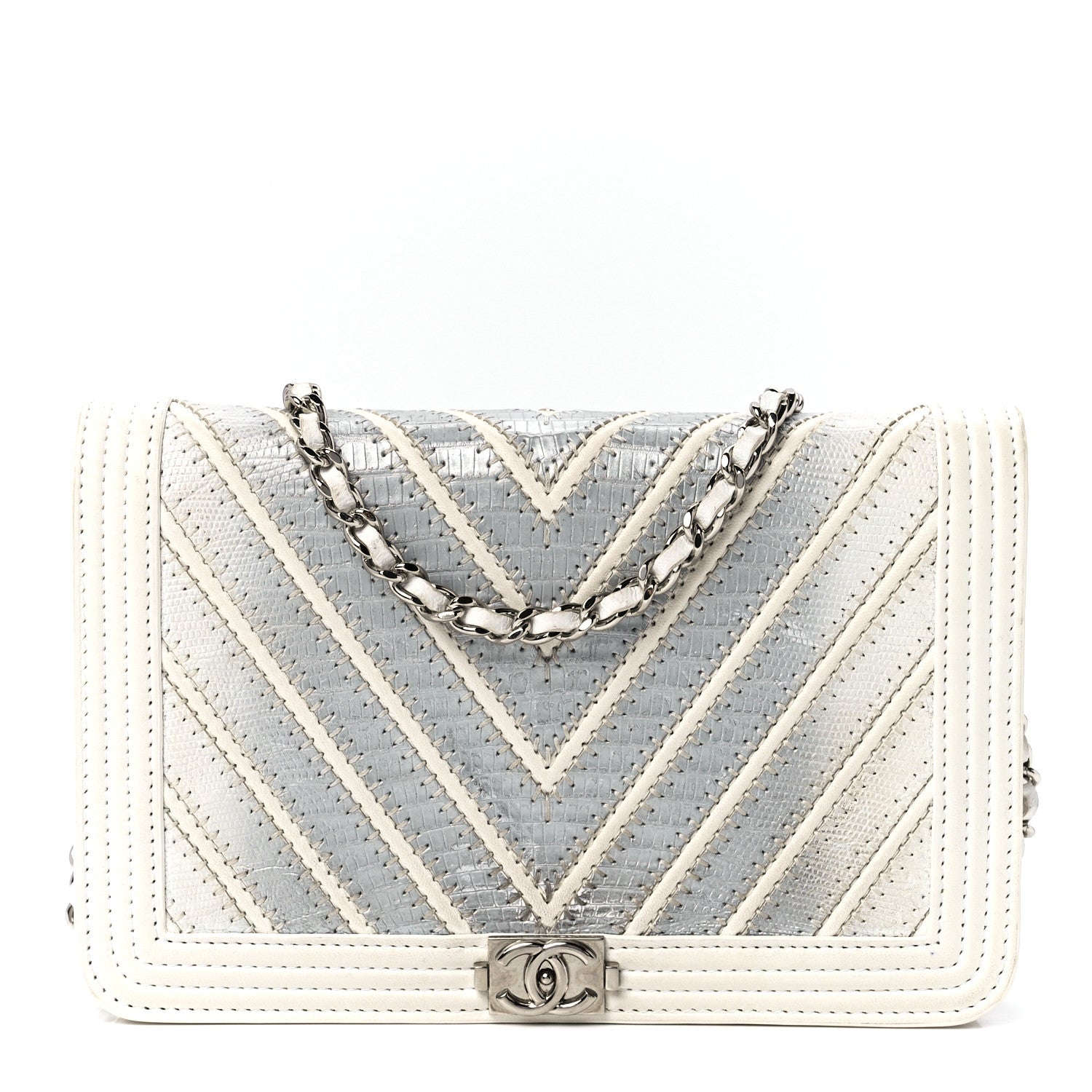 Chanel Lizard Chevron Stitched Boy Wallet On Chain WOC White Silver 1 of 12