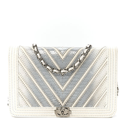 Chanel Lizard Chevron Stitched Boy Wallet On Chain WOC White Silver 1 of 12