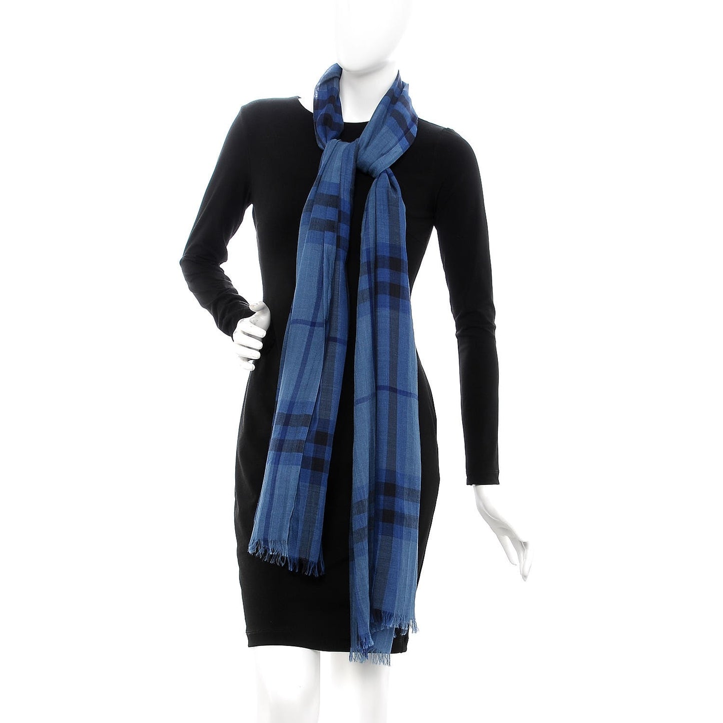 Wool Silk Gauze Giant Check Scarf Blue
