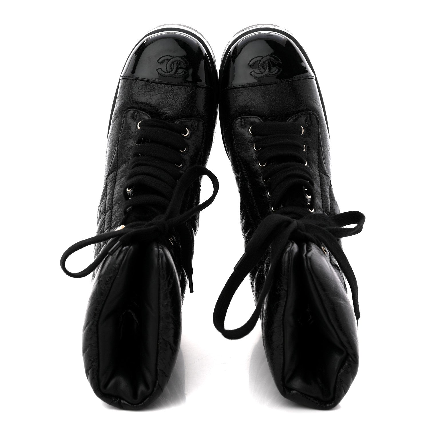 Chanel Crumpled Patent Lambskin Calfskin Quilted Lace Up Combat Boots 41.5 Black 2 of 12