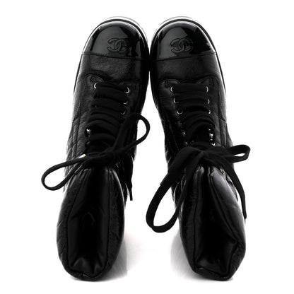 Chanel Crumpled Patent Lambskin Calfskin Quilted Lace Up Combat Boots 41.5 Black 2 of 12