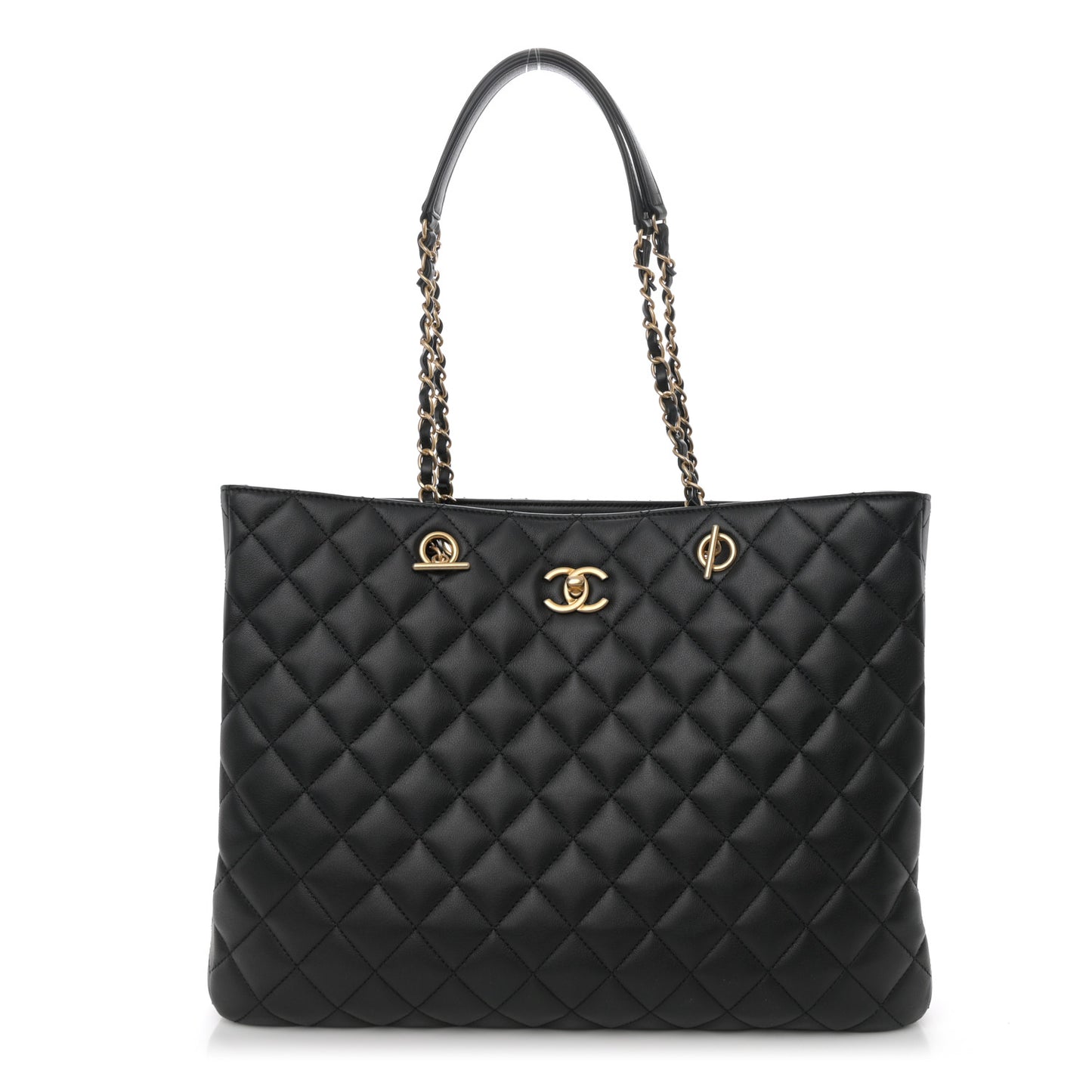 Calfskin Quilted Large Classic Shopping Tote Black