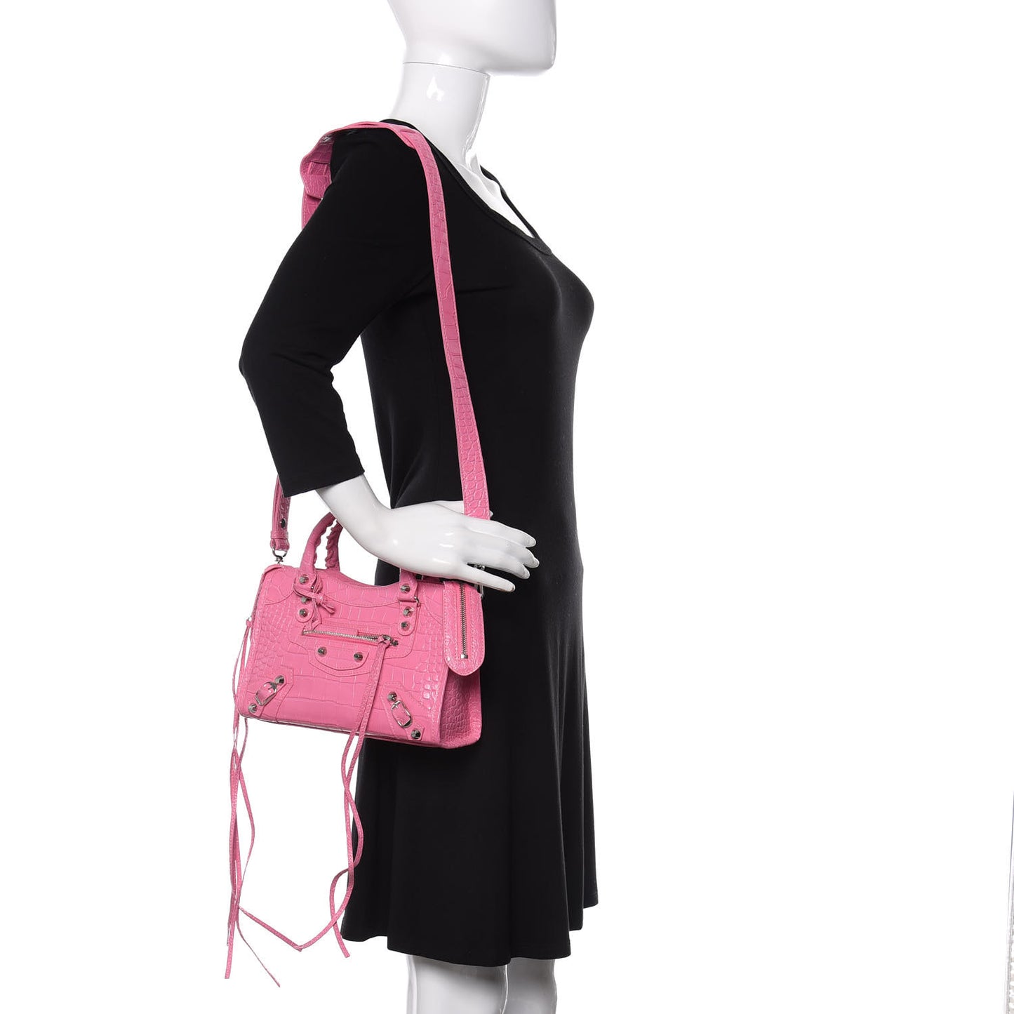Shiny Supple Calfskin Crocodile Embossed Classic Silver Hardware Mini City Baby Pink