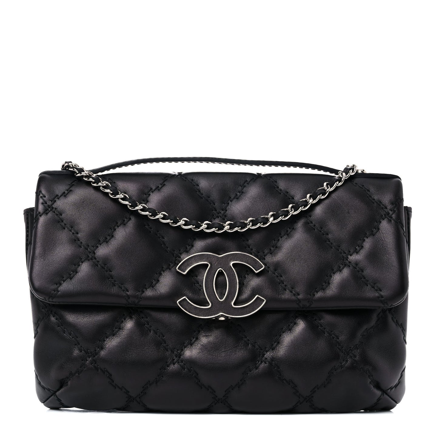 Calfskin Quilted Double Stitch Hamptons Clutch with Chain Black