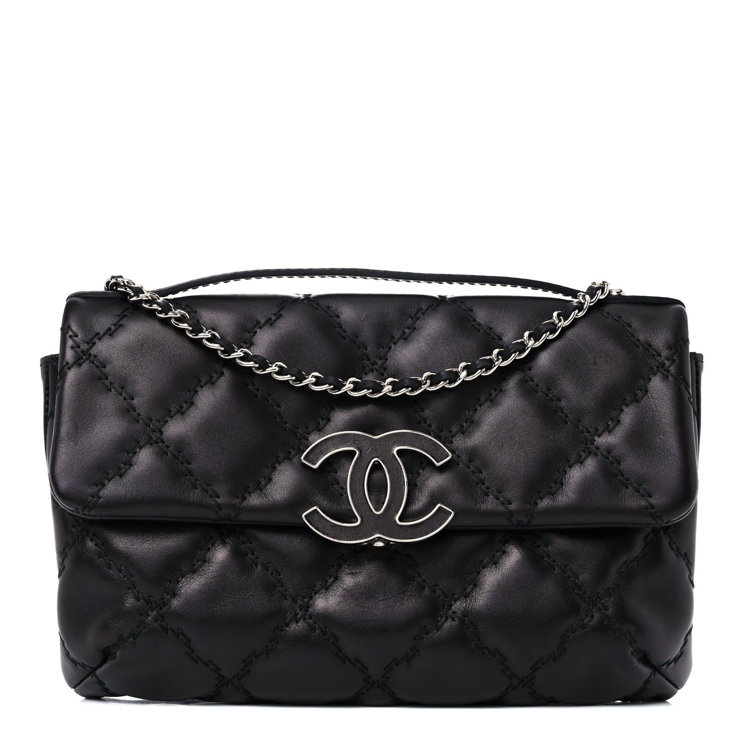 Chanel Calfskin Quilted Double Stitch Hamptons Clutch with Chain Black 1 of 13