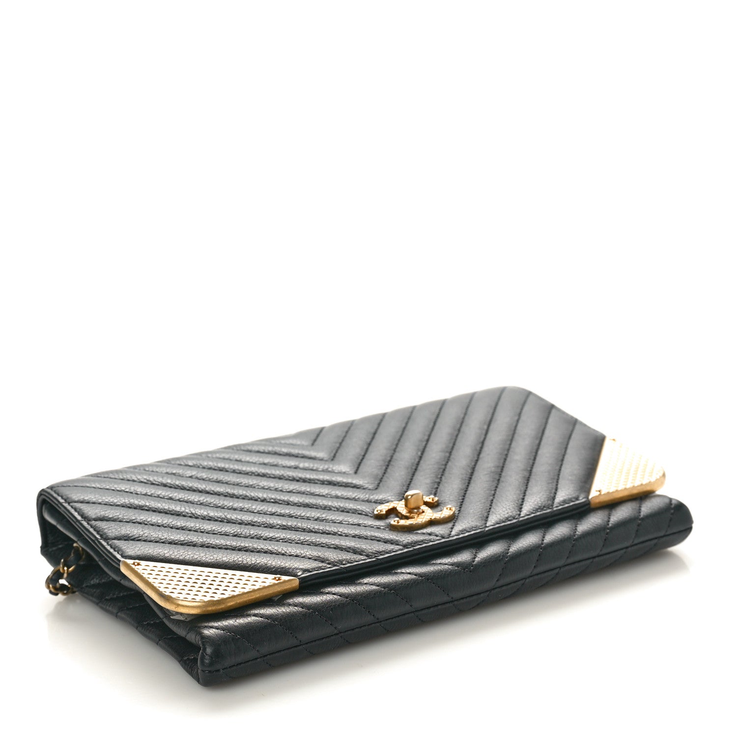 Chanel Calfskin Chevron Quilted Rock The Corner Clutch With Chain Black 4 of 10