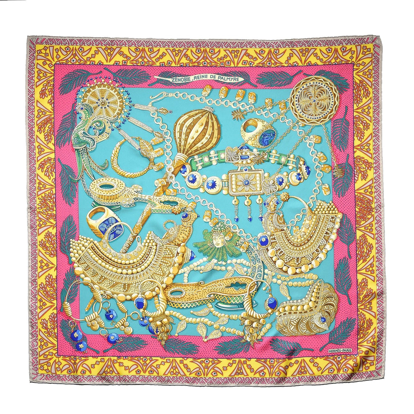 Silk Zenobie Reine De Palmyre Scarf 90 Vert d'Eau Rose Jaune Vif