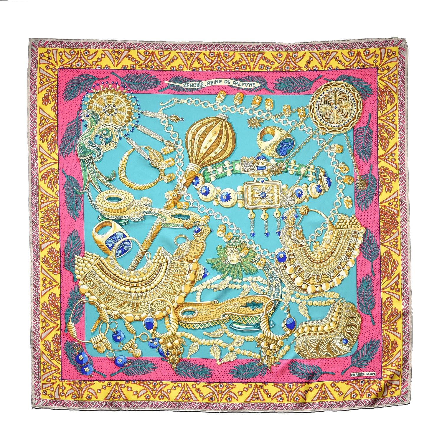 Hermes Silk Zenobie Reine De Palmyre Scarf 90 Vert d'Eau Rose Jaune Vif 1 of 6