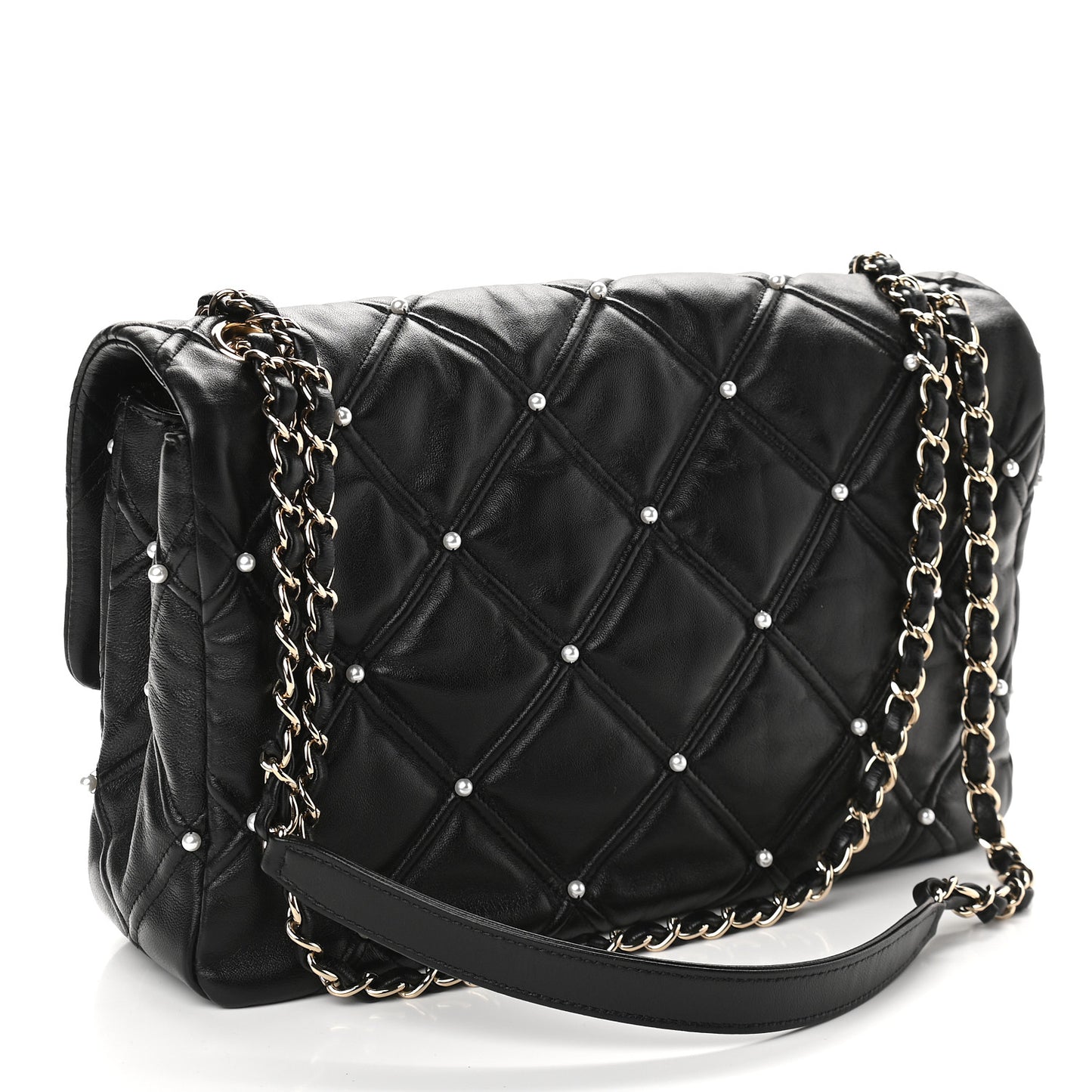 Lambskin Quilted Pearl Studded Flap Black