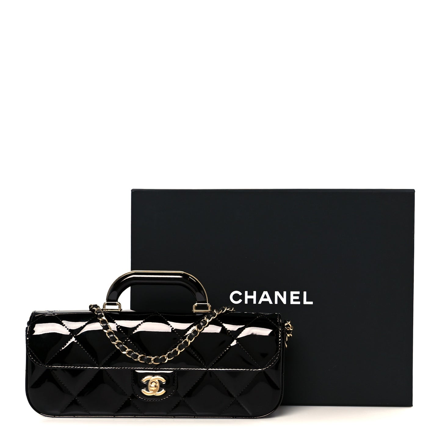 Metallic Mirror Calfskin Large Top Handle Clutch With Chain  Black