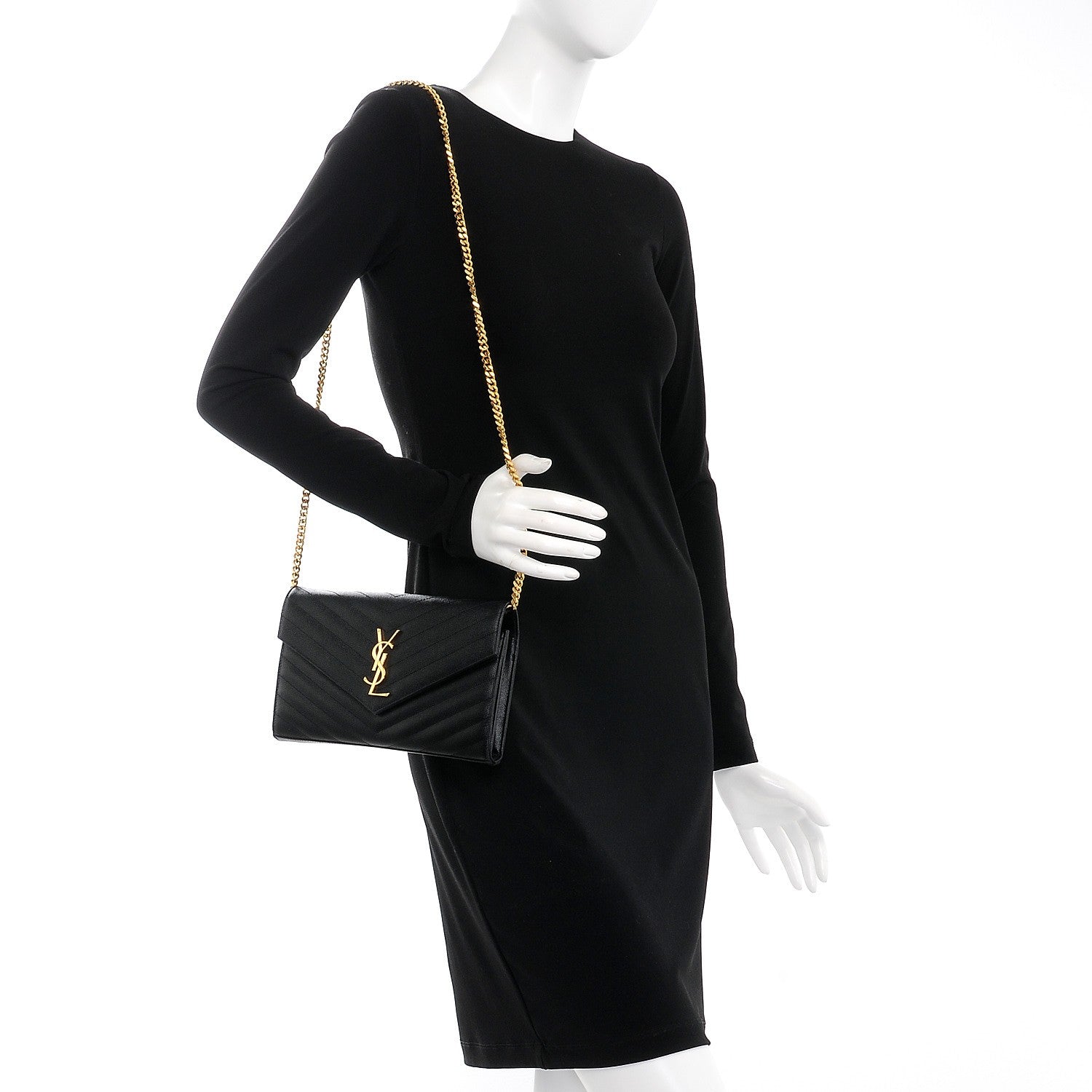 Saint Laurent Grain De Poudre Matelasse Chevron Monogram Chain Wallet Black 2 of 8