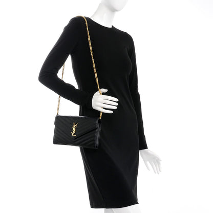 Saint Laurent Grain De Poudre Matelasse Chevron Monogram Chain Wallet Black 2 of 8